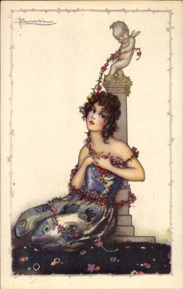 Artist Postcard Busi, Adolfo, young woman at Cupid's column, rose vine, 535 - 3