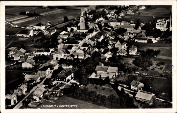 Postcard Teisendorf in Oberbayern, total view of the village, church tower, aerial photograph