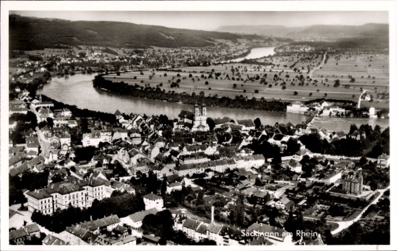 Postcard Bad Säckingen on the High Rhine, aerial view of Säckingen, Rhineland landscape, city silhouette, church