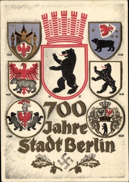 Coat of arms Postcard Berlin, 700th anniversary, city coat of arms since 1253 to 1937, Berlin bear