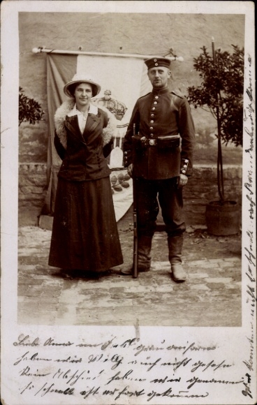 Photo Postcard Pritzerbe an der Havelm, German soldier in uniform with woman, portrait, I WW