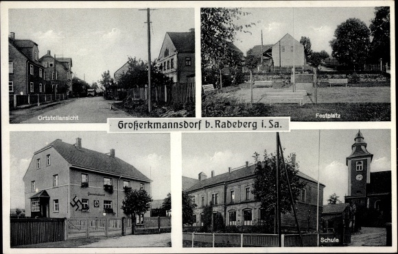 Postcard Großerkmannsdorf Radeberg Sachsen, school, fairground, inn