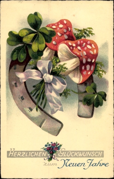 Postcard Happy New Year, horseshoes, toadstools, clovers