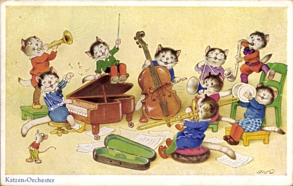 Artist Postcard Baumgarten, Fritz, cat orchestra, humanized cats
