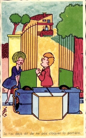 Artist Postcard Traffic accident, car overturned