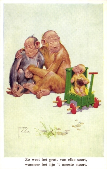 Artist Postcard Wood, Lawson, Humanized Apes, Child in a Handcart