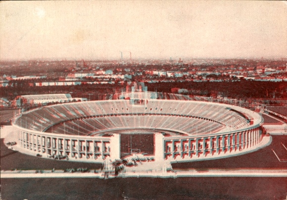 3 D Postcard Reichssportfeld, Olympic Stadium seen from the bell tower, Plastoreoscope spatial image