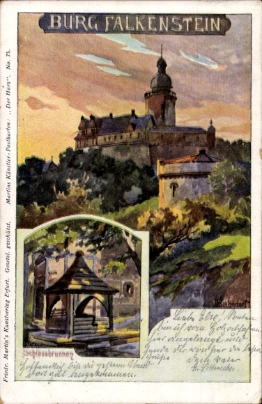 Kunstenaar Ak Bahndorf, Heribert, Falkenstein Harz, kasteel, kasteelfontein