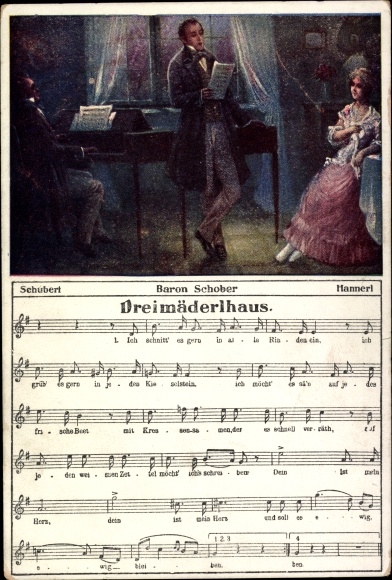 Song artists Postcard Vogt, Ernst, Schubert, Hannerl, Baron Schober, Dreimädlerhaus