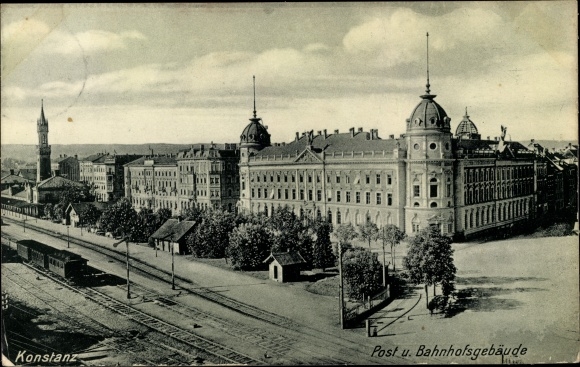 Ak Konstanz am Bodensee, Post, Bahnhof, Gleisseite, Eisenbahn