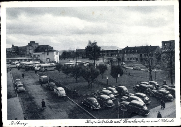Ansichtkaart Bitburg in de Eifel, Hospitalplatz, ziekenhuis, school