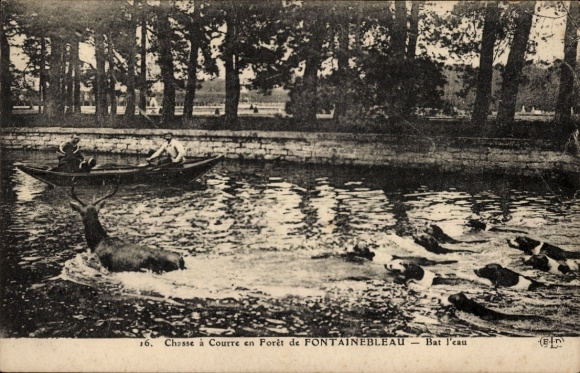 Postcard Fontainebleau Seine et Marne, hunting scene in the water