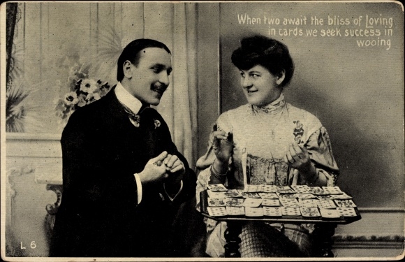 Postcard When two await the bliss of Loving, woman reads man the cards, fortune teller