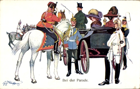 Artist Postcard Schönpflug, Fritz, At the parade, A la revue, soldiers, carriage