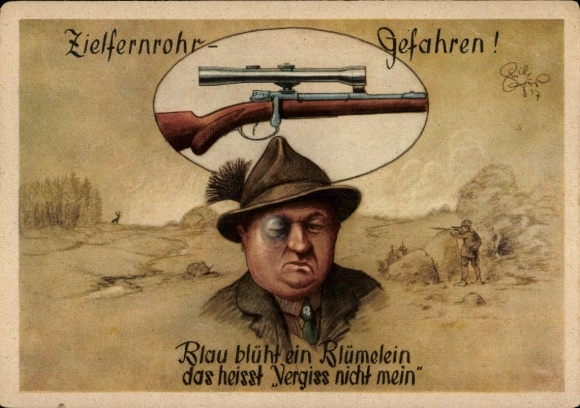 Artist Postcard Geilfus, H., Rifle Scope Dangers, A Blue Flower Blooms, Funny Hunter's Primer