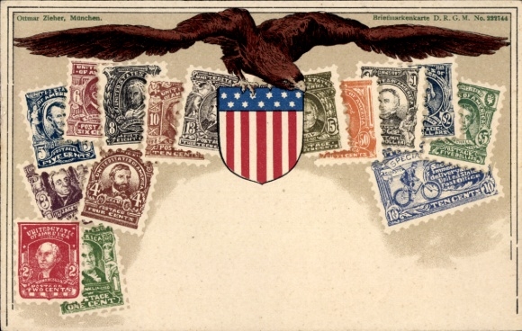 Stamps coat of arms Postcard USA, American flag, eagle