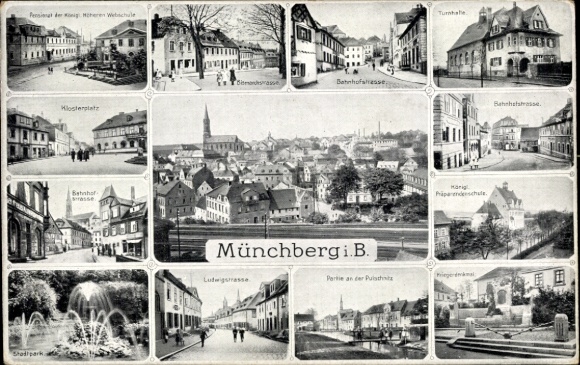 Ak Münchberg in Opper-Franken Beieren, Bahnhofstrasse, Ludwigstrasse, stadspark, gymnasium