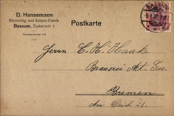 KP Bassum w Dolnej Saksonii, D. Hansemann, wydawca piwa, Seltersfabrik, Sykerstraße 1