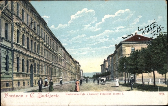Postcard České Budějovice Budweis Südböhmen, Frantiska Josefo I Barracks, Radeckehotrida