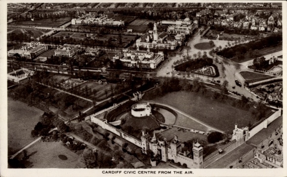 Postcard Cardiff Wales, aerial view of Civic Centre, parks, buildings