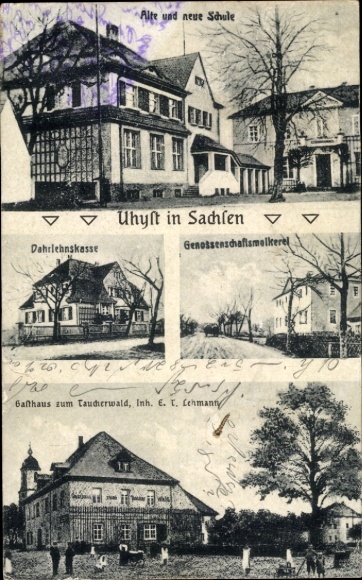 Postcard Uhyst at Taucher Burkau in Saxony, old and new school, inn at the Taucherwald