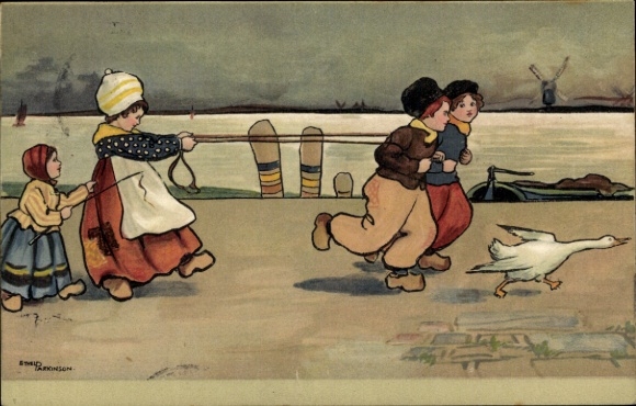 Künstler Ak Parkinson, E., Kinder in niederländischer Tracht, Gans, Windmühle, Schnur