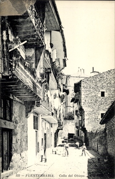 Postcard Hondarribia Fuenterrabia Basque Country, Calle del Obispo, narrow alley, building