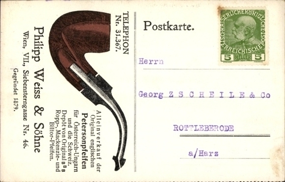 Postcard Advertising, Philipp Weiss & Sons, sale of English Peterson pipes, Vienna, Siebensternstr.