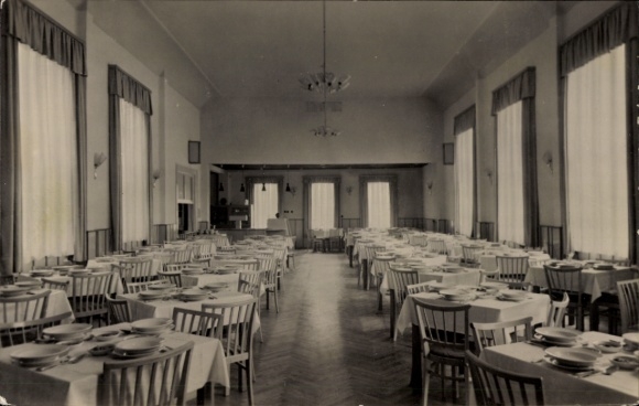 Postcard Brotterode in Thuringia, dining room, set tables, large windows, high ceiling