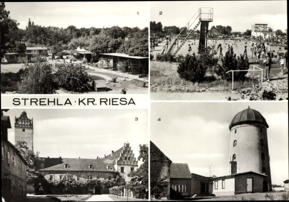 Postcard Strehla on the Elbe Saxony, zoo, outdoor pool, castle, youth hostel