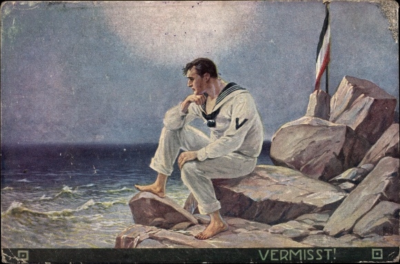 Artist Postcard Vermisst, shipwrecked German sailor on a rock by the sea