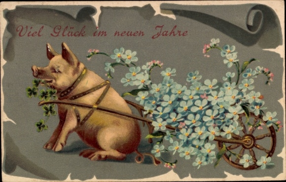 Embossed Postcard Congratulations New Year, clover leaves, pig, forget-me-not