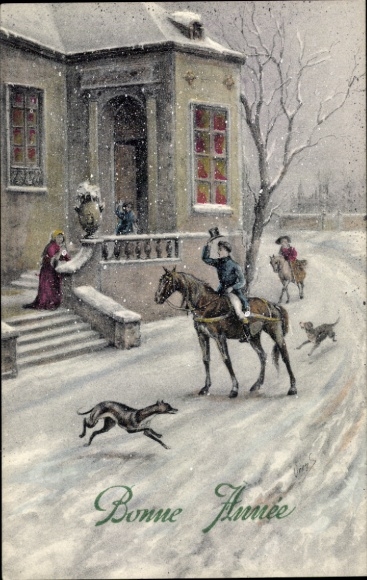 Ak Fröhliches Neujahr, verschneite Straßenszene, Haus, Reiter, Hunde
