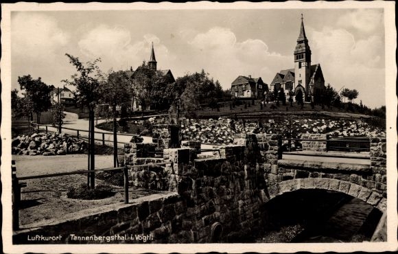 Postcard Tannenbergsthal in Vogtland, church, bridge, partial view