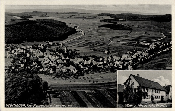 Postcard Würtingen St. Johann Swabian Alb Württemberg, aerial photograph, Gasth. z. Hirsch
