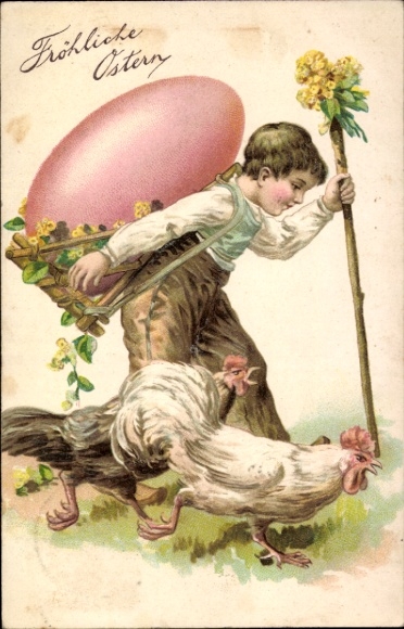 Präge Litho Glückwunsch Ostern, Junge trägt großes Osterei, Hühner