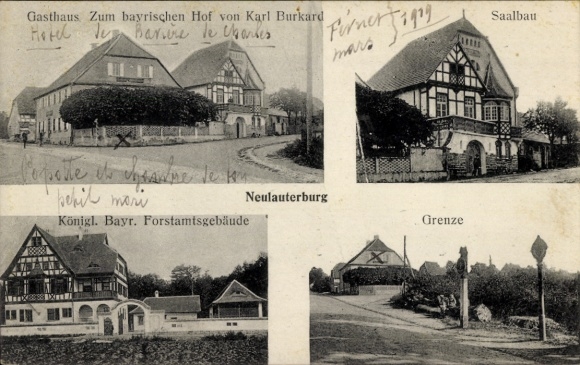 Góra KP Neulauterburg w Palatynacie, zajazd na Dworze Bawarskim, budynek hali, granica, urząd leśnictwa