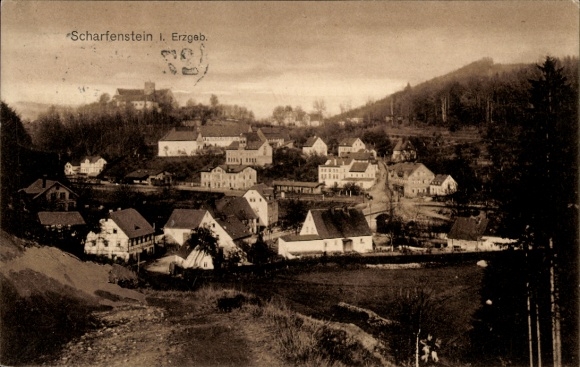 Ak Scharfenstein Drebach im Erzgebirge Sachsen, Blick auf das Dorf Scharfenstein, Erzgebirge, ...
