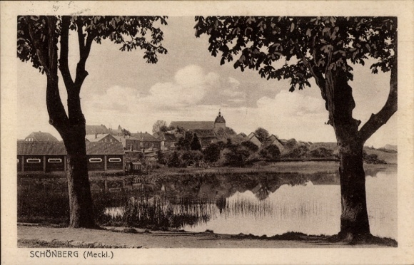 Postcard Schönberg in Mecklenburg, partial view, lake shore