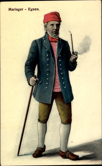 Postcard Mariager, Man in Danish costume, folk costume, walking stick, pipe