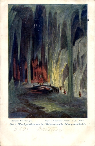 Kunstenaar ansichtkaart Hendrich, Hermann, Thale im Harz, muurschildering in de Walpurgishalle, Mammon's grot