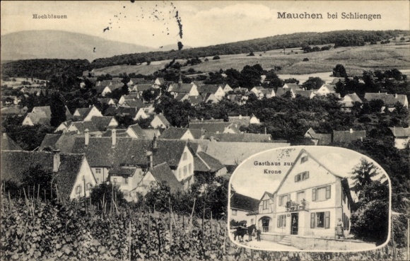 Postcard Mauchen Schliengen in the Black Forest, general view with Hochblauen, Gasthof zur Krone