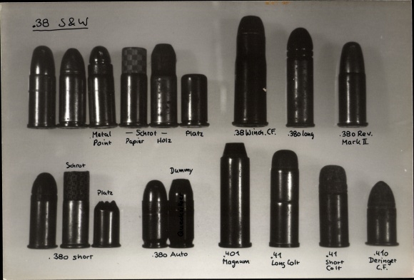 Photo Munition, Patronen .38 S&W, .38 Winchester CF, .380 Rev. Mark II, .410 Deringer CF, .401 Magnum