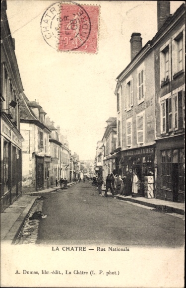 PC La Châtre Indre, Rue Nationale, old buildings, postmark, advertising