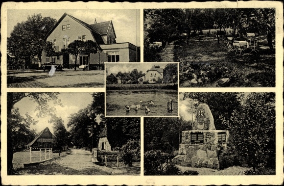 Postcard Axstedt Lower Saxony, Inn zur Linde, owner Georg Korff, war memorial, outdoor pool