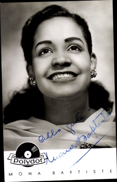 Postcard singer and actress Mona Baptiste, portrait, Polydor records, autograph