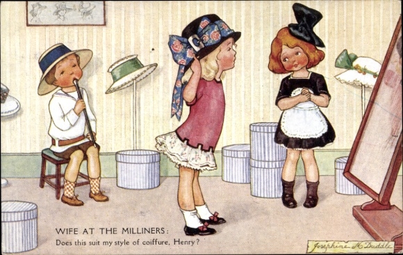 Artist Postcard Duddle, Josephine M., Wife at the Milliners