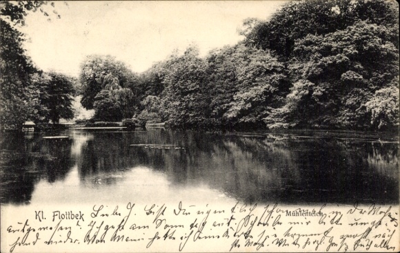 Postcard Hamburg Altona Klein Flottbek, idyllic landscape, quiet pond with trees, from the time