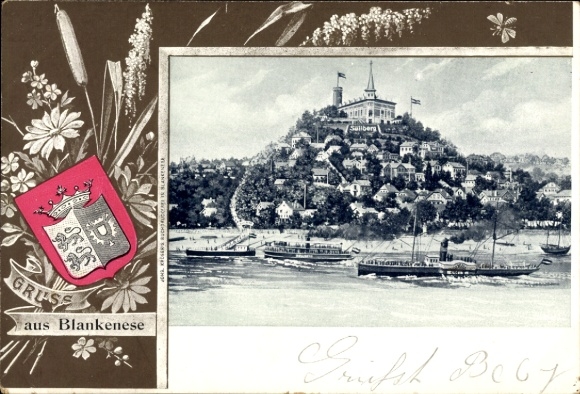 Wappen Litho Hamburg Altona Blankenese, Süllberg, Dampfer Elbe