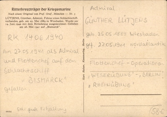 Artysta KP Graf, Oskar, Admiral Günther Lütjens, Portret, Marynarka Wojenna, Odznaczony Krzyżem Rycerskim